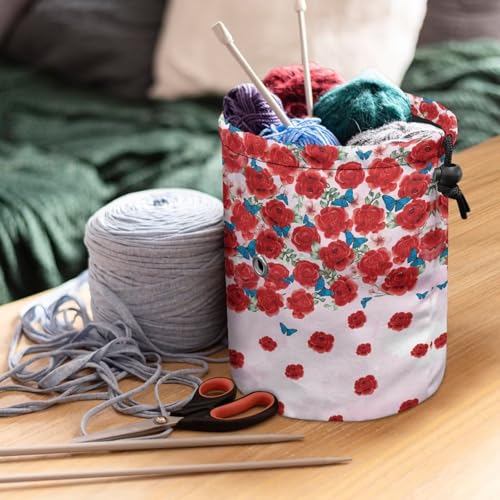 Image of Sellikakes Yarn Organizer Crochet Storage Bag, Rose Butterfly Portable Knitting Storage Bag Yarn Holder Stores Yarn Skein Ball, Crochet Project Knitting Supplies and Sewing Accessories,