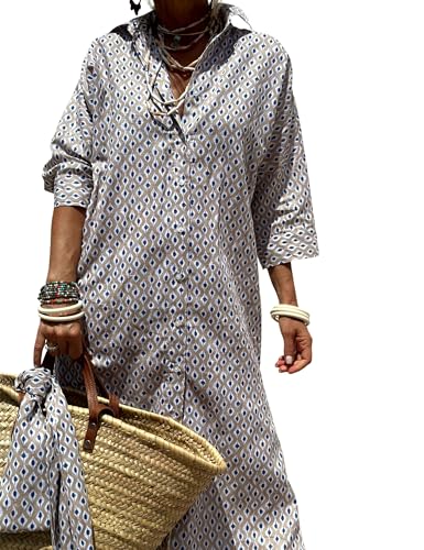 Image of Hooever Shirt Dresses for Women Casual Long Sleeve Button Down Loose Striped Cotton Maxi Shirt Dress