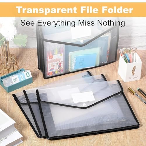 Image of NV Clear Plastic Document Holder Envelope File Folder with Button Closure & Label Window, A4 Size, 37 x 30 x 4.5 cm, Transparent Expanding Document Organizer for Office, School & Home, Pack of 5