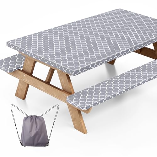Ymomode Picnic Table Cover with Bench Covers and Bag Waterproof Windproof Camping Essentials Fitted Camping Tablecloths with Elastic Edges for Rectangle Tables and Seats 72x30 Inches 3 Pcs Set