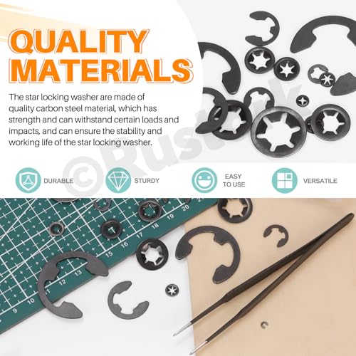 Rustark 261 Stück M2-M12 Schwarz Innenzahn Unterlegscheiben und 14 Größen Schwarz E-Clips E Externe Sicherungsringe Sortiment Set für Befestigen Wellen Lager Lock Washers