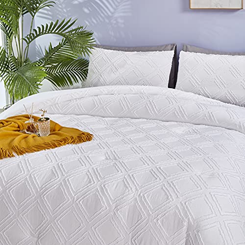 Houseri White Comforter Queen Size Boho Comforter Set Jacquard Tufted Bedding Sets Full Plain White Queen Comforter Set With Tassels Teen Girls All White Embroidery Shabby Chic Comforter Bedding Queen #TOP5