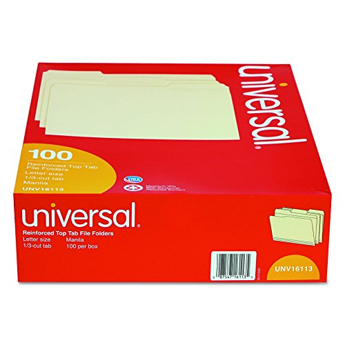 Universal 16113 File Folders, 1/3 Cut Assorted, Two-Ply Top Tab, Letter, Manila (Box of 100)