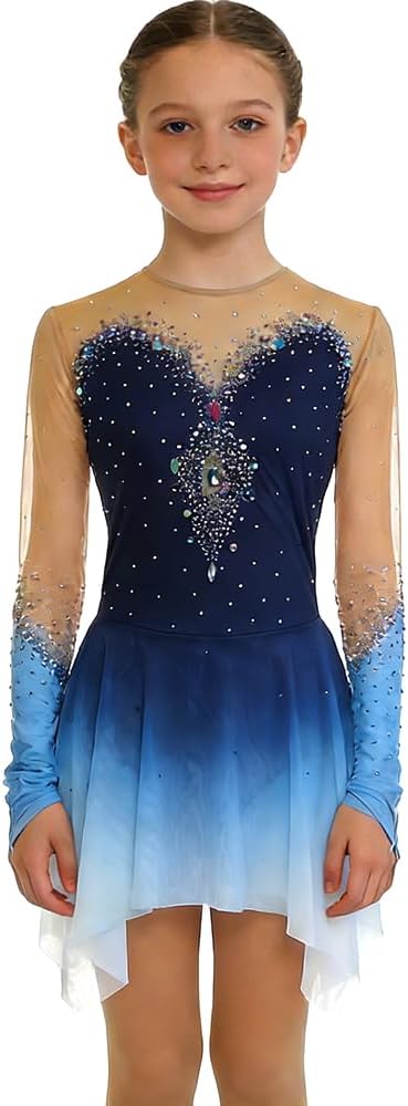 Girls' Pink Figure Skating Performance Dress with Rhinestones