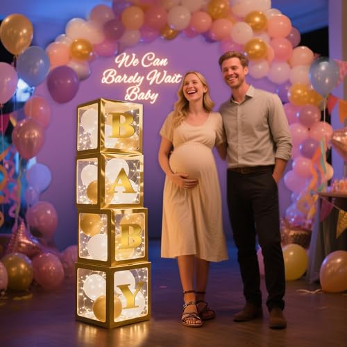 Image of Ledido Baby Boxes with Letters for Baby Shower Decorations, 4 pcs Clear Balloon Boxes Blocks with LED Fairy String Lights 38 Balloons for Boys Girls Gender Reveal Birthday Party (Gold)