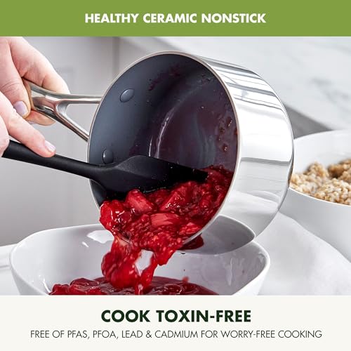 Image of GreenPan Valencia Pro Tri-Ply Stainless Steel 1.5QT Saucepan with Lid, Healthy Ceramic Nonstick PFAS-Free PFOA-Free Coating, Multi Clad Cookware, Induction, Dishwasher Oven and Broiler Safe