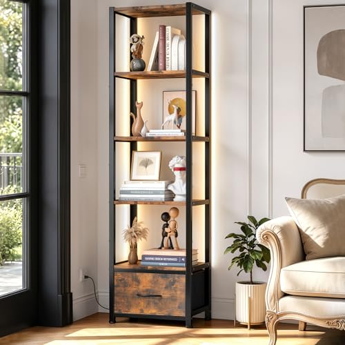 Housolution 6 Tier Bookshelf with LED Light 60.6 Tall Narrow Corner Shelf Stand with Fabric Drawer Bookcase Storage Organizer Industrial Display Standing Shelf Unit for Living Room Rustic Brown