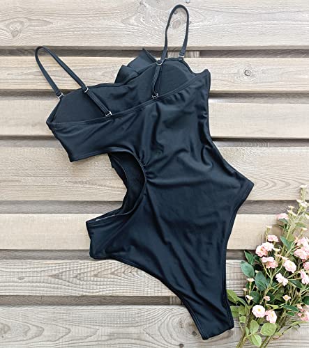 Sporlike Women One Piece Swimsuit Flounce Swimwear Hole Out Bathing Suit Padded Monokini(Black,Large) #TOP4