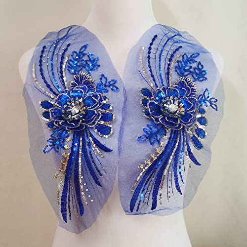 Embroidered Patches Nail Bead Tulle Applique Flower Patch for Clothing Wedding Dress Lace Fabric DIY Decoration (Royal Blue)