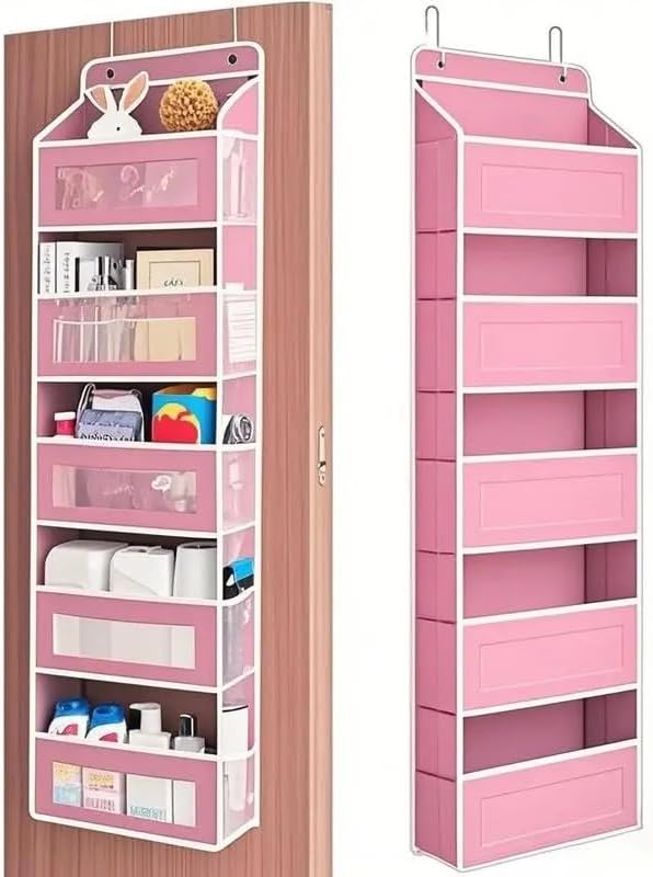 No Drilling, Door Hanging Storage Rack - 5+5 Pockets for Everyday Storage with 5 Large Clear & Mesh Side Pockets for Bedrooms Bathrooms & Food Storage Rooms Installation Hangable 10-15 Kg (Pink)