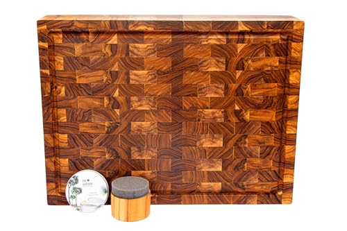 Premium Teak Wood Butcher Block Cutting Board Set - Complete Set with End Grain Board, Wood Wax & Applicator - Ideal Cutting Board Set for Home Cooks & Chefs. Improve your Cooking Experience Today