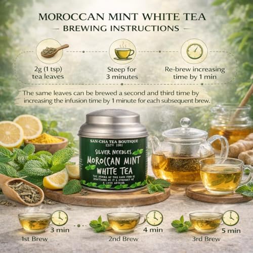 Image of Sancha Tea Boutique, Moroccan Mint White Tea, 25g Loose Leaves | Refreshing & Calming Silver Needle White Tea with Real Mint | Detox & Antioxidant Rich | Micro-Batch Blended