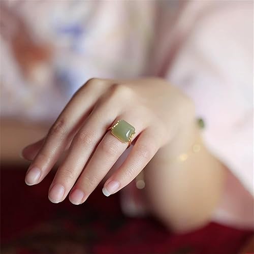 Vista 3 de Anillo de bambú verde vintage de jade hetian para mujer, delicado estilo chino, hecho a mano, con piedras preciosas ajustables, banda de dedo