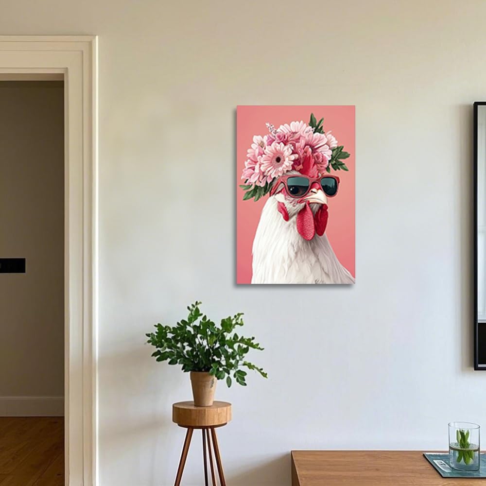 CGXLB Funny Chicken Wall Art Rooster With Sunglasses Pictures Framed Pink Painting For Children's Room Farmhouse Dining Room Kitchen 12"x18"