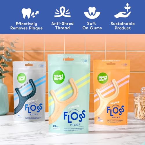 Image of SmartLifeco Eco-Friendly Dual-Thread Dental Floss Picks (200ct) - Flossers Made with Straw Wheat Blend, Natural Teeth Whitening, Tooth Pick Stick for Adults, Activated Bamboo Charcoal Floss Thread