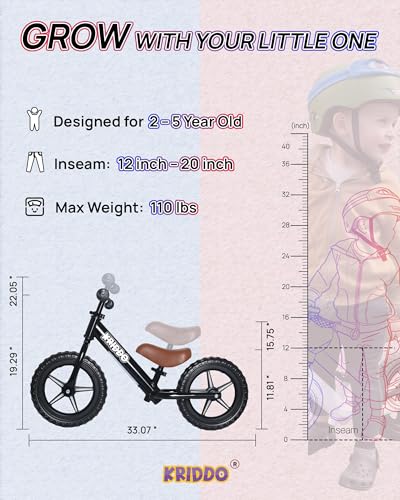 Image of KRIDDO Toddler Balance Bike 2 Years Old, 12-Inch Colorful Lighting-Up Push Bicycle with LCD Writing Tablet, Steady Balancing, Gift Bike for 2-5 Boys Girls, LED-Black