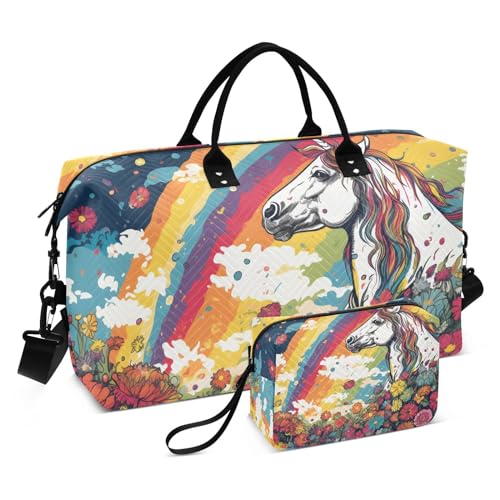 Large Travel Duffel Bag, Oil Painting Horse Rainbow Sports Tote Gym Bag, Shoulder Weekender Overnight Bag for Women Men, Carry On Luggage with Toiletry Bags