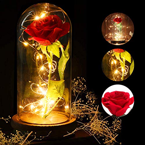 JUSTDOLIFE Rosa Eterna, La Bella y la Bestia Kit de Rosas y luz LED con Pétalos Caídos en la...
