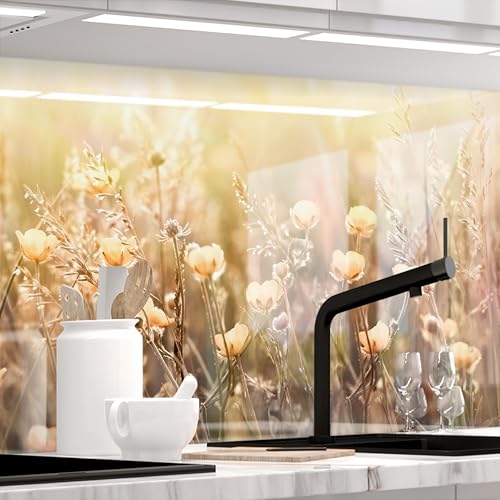 StickerProfis Küchenrückwand Spritzschutz selbstklebend Glas Optik Versteift alle Untergründe 1.8mm Rückwand für Küche WARMES BLÜTENBEET (Premium) 60 x 80cm