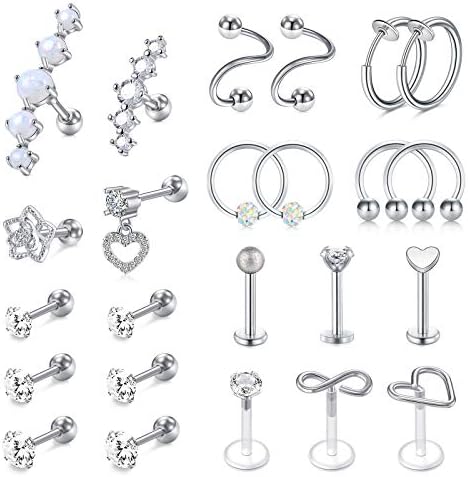 Mayhoop 4-12 Pcs Tragus Helix Earrings Ear Studs 16G Stainless Steel Flower Opal Horseshoe Ring Cartilage Earrings Piercing Jewelry