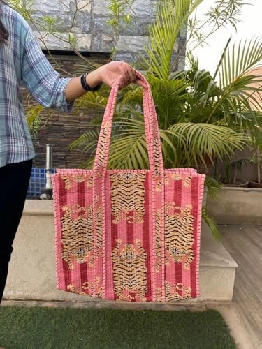 Image of YILLE Cotton Quilted Floral & Tiger Print Tote Bag, 18 x 18 inches For Grocery Shopping, Travel