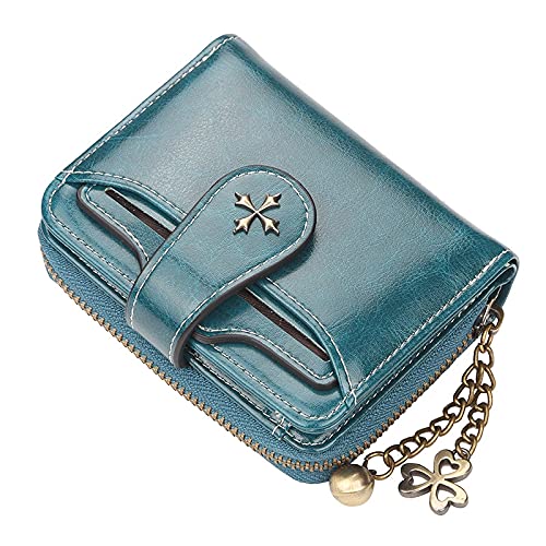 Small Vintage Genuine Leather Wallet for Women Bifold Zip Coin Pocket Goth Style Mini Purse Red (Blue)