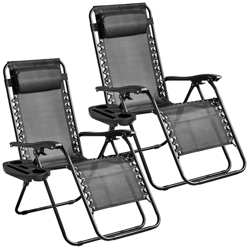 Zero Gravity Chairs Set of 2, 7-Position Adjustable Reclining Patio Chairs with Cup Holder Tray & Padded Headrest, Foldable Outdoor Lounge Chair for Backyard, Poolside, Camping, 330lbs Capacity, Black by CROS - Used condition - US$59.68