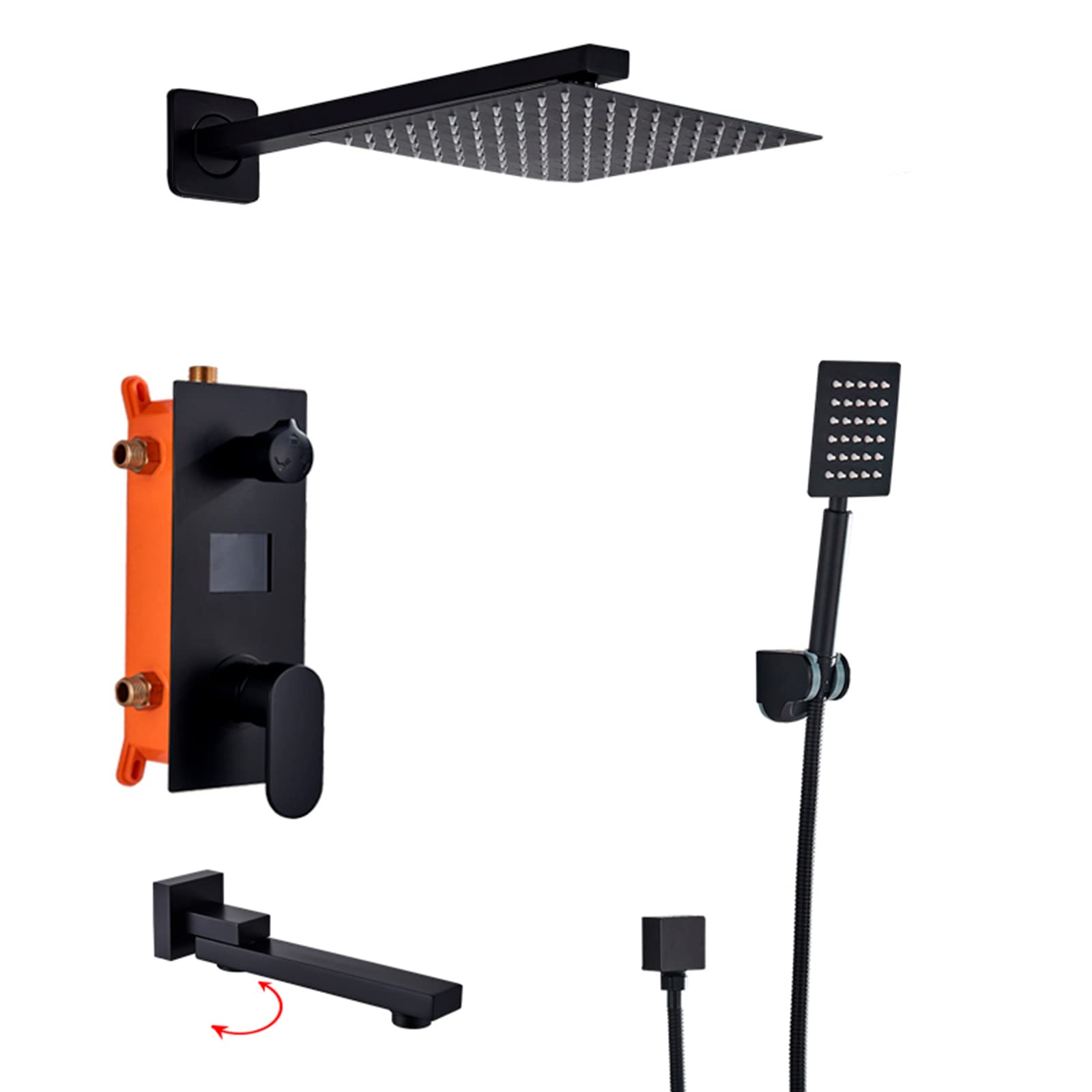 CWCQGH Concealed Shower System Digital Display Shower Faucet Set Matt Black Shower Mixer Set with Brass Hand Shower and Waterfall Rainfall Shower Head Advanced Air Injection Technology,12
