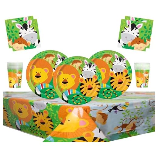 Offer Shop Jungle Animal Party Supplies Vajilla para 16 niños Fiesta de cumpleaños-16 Platos 16 Tazas 16 servilletas 1 Mantel con Globos Gratis Velas Bomba de Globo