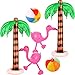 6 Pieces Inflatable Palm Trees Jumbo Coconut Trees Pink Flamingos Colorful Beach Balls Rainbow Color Balls for Hawaii Beach Luau Party Backdrop Decoration