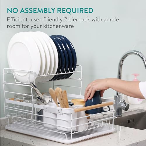 Navaris 2 Tier Dish Rack - Compact Drying Kitchen Board with Drip Tray & Cutlery Holder - Easy to Assemble and Clean Dishes - Sink Drainer Rack - White - Image 2