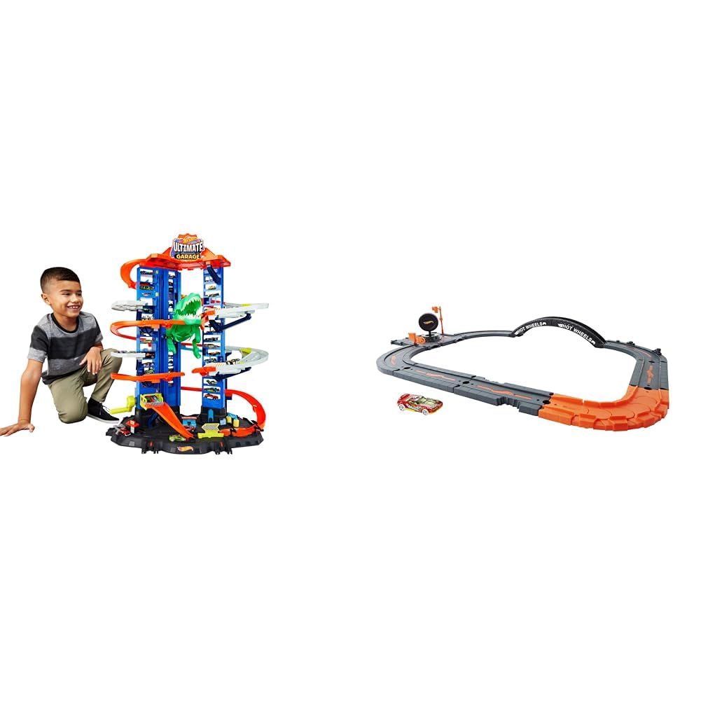 Hot Wheels City Robot T-Rex Ultieme Garage Verdiepingen, idee, vanaf 3 jaar, GJL14 & Hot Wheels City Baanset, 10-delige set met baanbasis en diverse baandelen, vanaf 4 jaar, HDN95