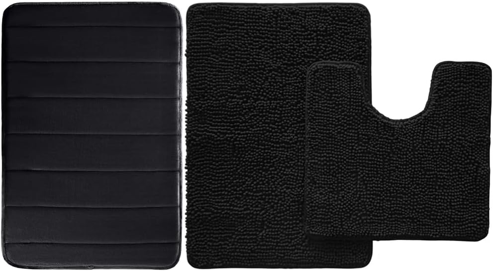 GORILLA GRIP Black Striped Memory Foam Bath Rug and Area Rug Set, 24x17, Small to Medium, 2 Item Bundle