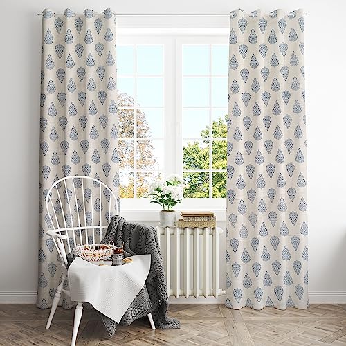 Image of HOMEMONDE Jaipuri Hand Block Leaf Print Cotton Curtains for Door 8 Feet Set of 2, Printed Door Curtains for Home Decor, Hangs Elegantly with Eyelets (3.7 ftx8ft, Blue)