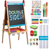 Caballete artístico para niños – Caballete de madera de doble cara para niños con pizarra magnética, pizarra blanca de borrado en seco y rollo de papel para pintura en el aula con juego de arte - Blue