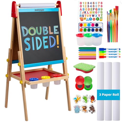 Blue Squid - Blue Squid Art Easel for Kids with Paper Roll x 3, Includes 100+ Accessories, Double Sided Adjustable Wooden Painting Easel with Magnetic Chalk Board, White Board for Toddlers Ages 3,4,5,6,7,8,9,10,12 - -15%