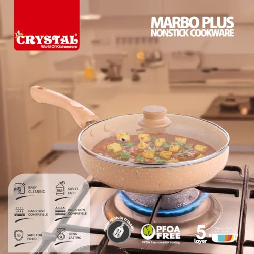 Crystal Marbo Plus Induction Base Aluminium Round Fry Pan with Glass Lid, 225mm | Sandalwood - Image 6