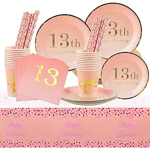 13th Birthday Decorations Party Supplies Set - Includes Plates, Cups, Napkins, Straws, Tablecloth,Perfect for Girls 13 Birthday Party - Serves 24 Cover