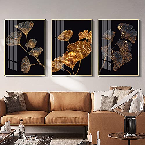 Tableau abstrait pour grand mur vide | Set 3 toiles modernes noir et or sans cadre