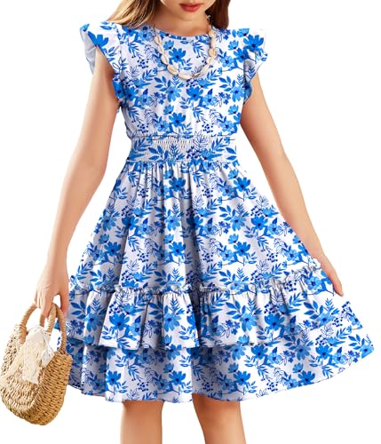 Image of Arshiner Girls Dresses Flutter Sleeve A-Line Sundress Casual Summer Tiered Swing Midi Pocket Dress