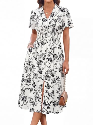 GRACE KARIN Womens Summer Maxi Floral Dress Casual 2026 Long Zipper Dresses Boho Flowy Beach Vacation Sundress with Pockets Black White Floral XL