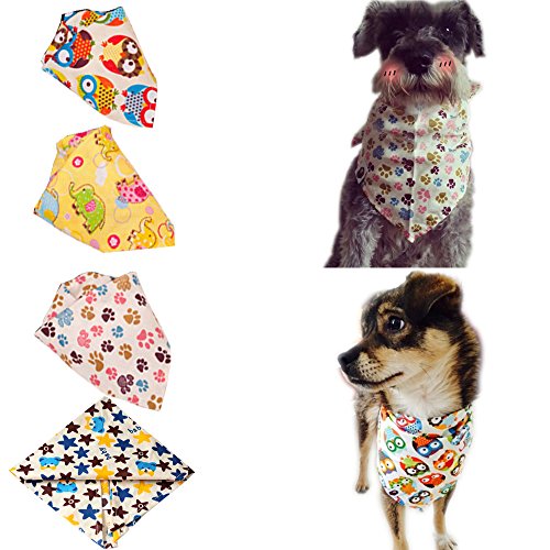 Bolbove Bro'Bear 4 Pcs Pet Bandana for Cats & Small to Medium Dogs Triangle Neckerchief (Style C-Owl+Elephant+Bear+Pawprint)