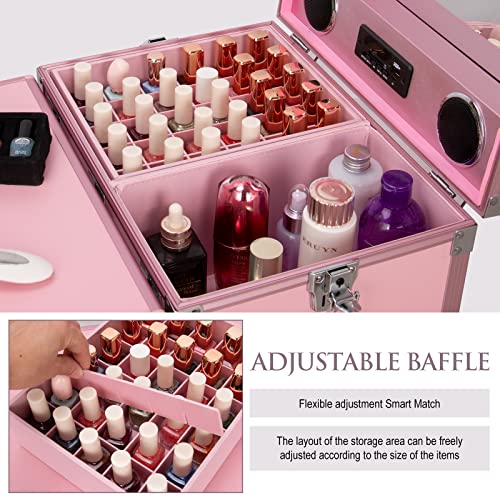 Icoget Portable Rolling Manicure Table Foldable Traveling Nail Desk W/Storage, Makeup Train Case W/Worktable And Mirror, Bluetooth Player Cosmetic Trolley Case Nail Table, Pink #TOP2