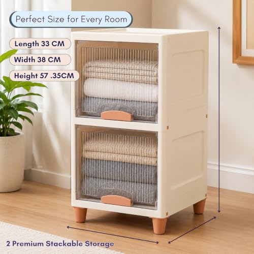 Image of HoopVool Foldable Storage Cabinet, Stackable Plastic Storage Box with Front Opening Door, Dustproof Organizer for Clothes, Toys, Books, Bathroom & Bedroom (2-Tier (33 X 38 X 58 CM))
