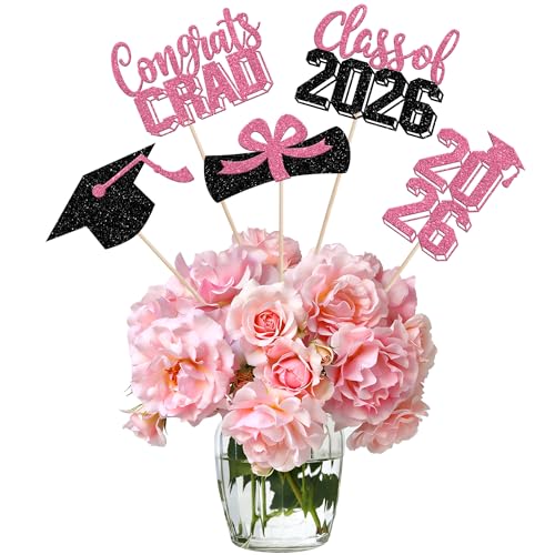 15 PCS 2026 Graduation Centerpiece Sticks Double Sided Glitter Class of 2026 Table Centerpieces Diploma Congrats Grad Cap Flower Decorations for 2026 Graduation Theme Party Centerpieces Supplies Pink