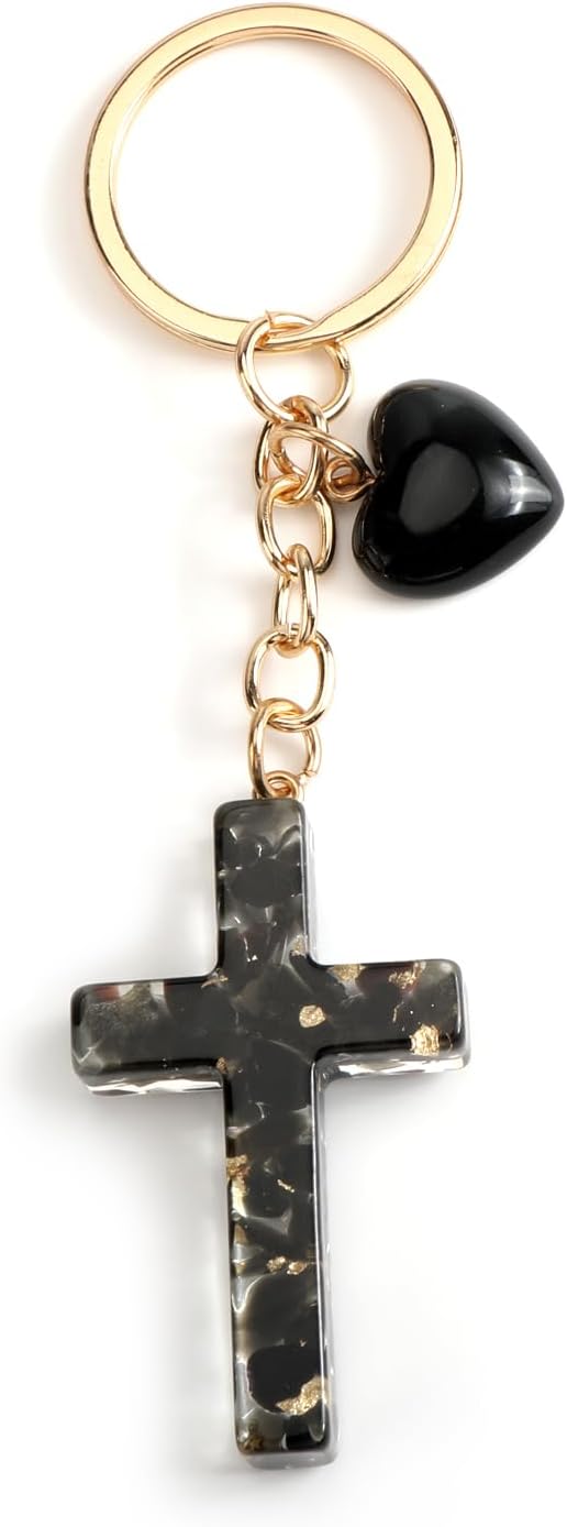 Cross Keychain with Heart Pendant Christian Cross Resin Keychain for Women Christian Gift Keyring