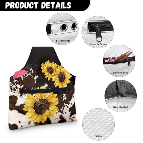Image of KUIFORTI Sunflower Yarn Storage Bag Organizer Cow Print Crochet Tote Bag Portable Knitting Bags for Women Crochet Bags Large Size