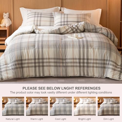 Image of 100% Cotton Comforter Set Full Size - Reversible Yarn-Dyed Checkered Design, Soft Washed Cotton on Both Sides, Lightweight All-Season Bedding, Machine Washable(Grey White Plaid, 80 inchx90 inch)
