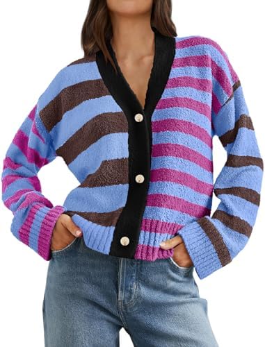 MEROKEETY Women's Striped Cardigan Sweaters Color Block Fuzzy Knit Coat Button Down V Neck Outfits
