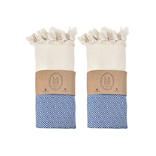 La Hammam Turkish Hand Towels Set Of 2, 18"X36", Cotton, Ultra Soft, Absorbent & Quick Dry, Decorative Hand Towel For Bathroom, Kitchen, Hair, Dishcloth, Tea, Yoga, Face, Gym & Spa Diamond Navy #TOP18